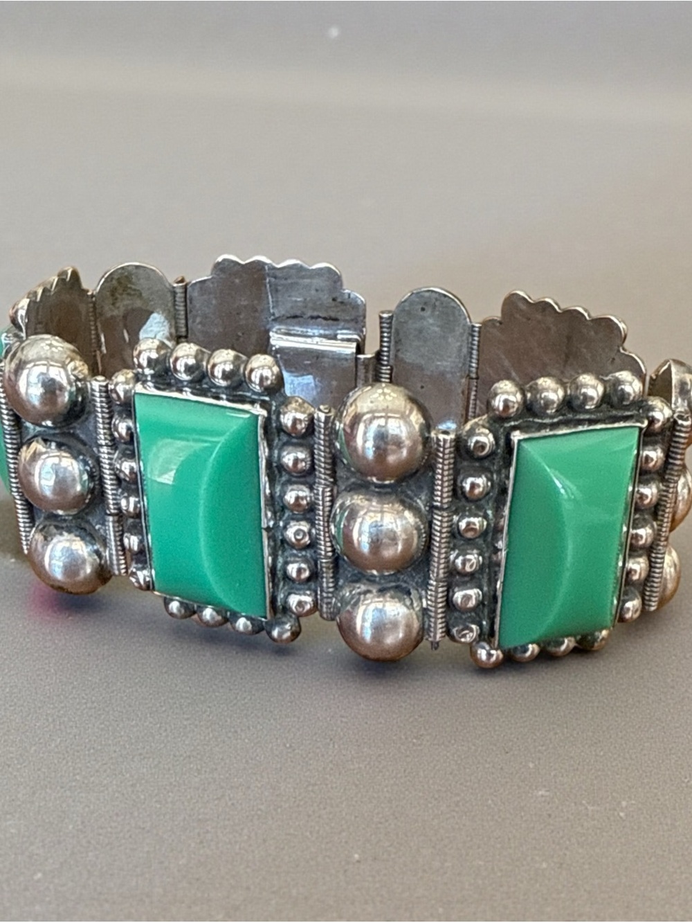VTG Taxco 980 Sterling Silver Green Onyx Panel Bracelet - Heavy 62g